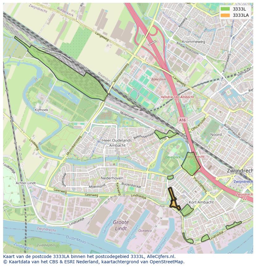 Afbeelding van het postcodegebied 3333 LA op de kaart.