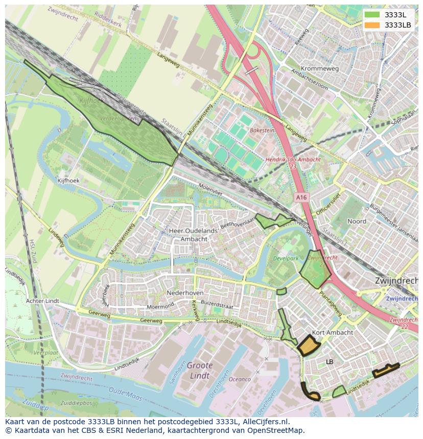 Afbeelding van het postcodegebied 3333 LB op de kaart.