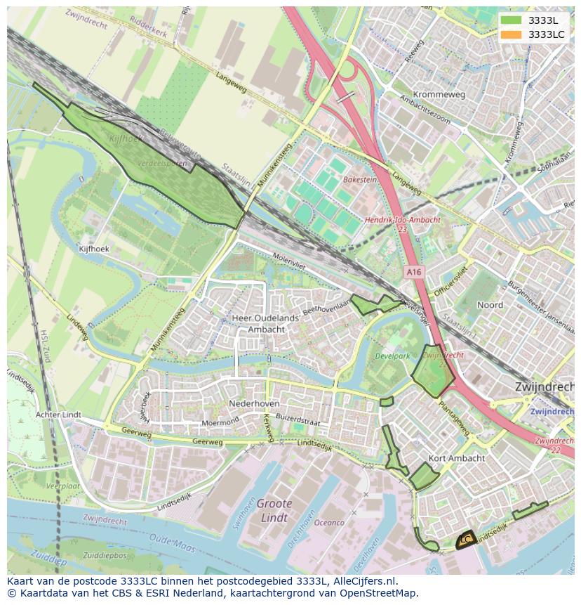 Afbeelding van het postcodegebied 3333 LC op de kaart.