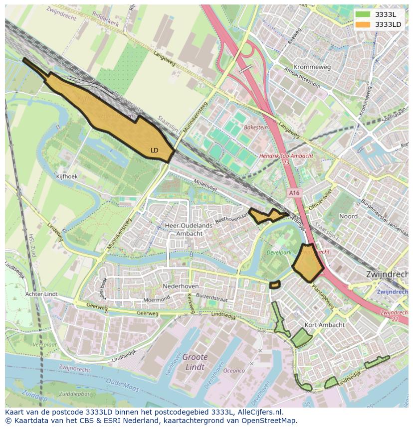 Afbeelding van het postcodegebied 3333 LD op de kaart.