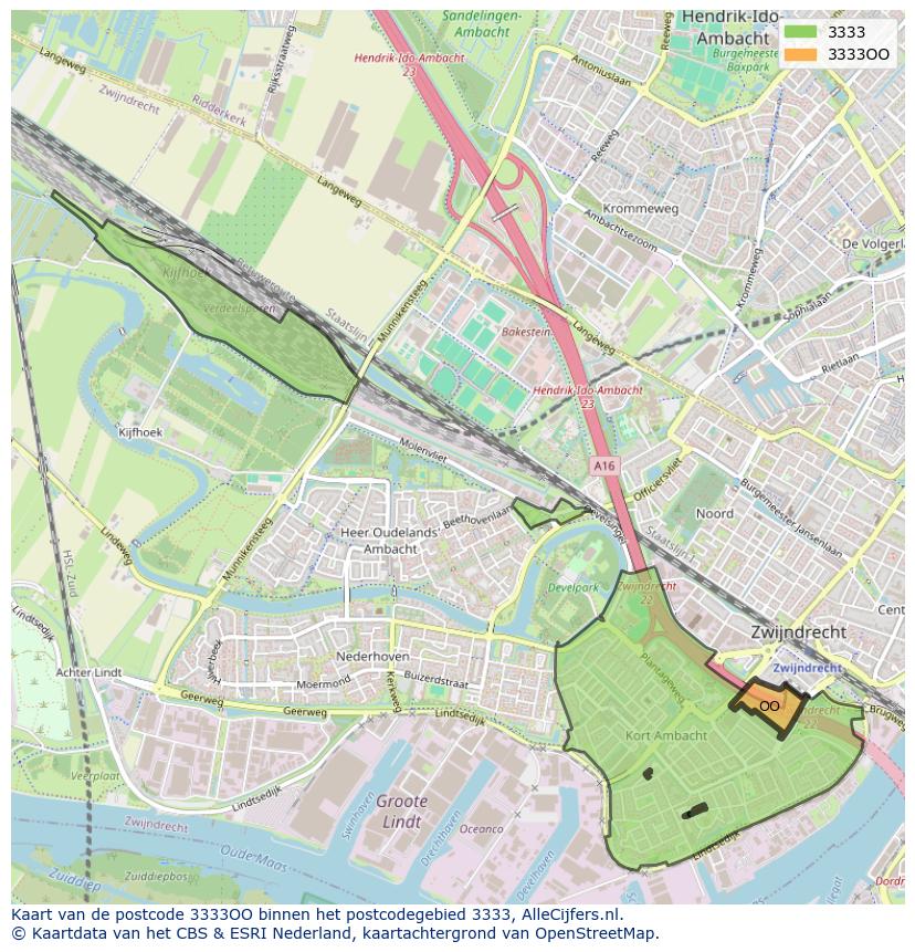 Afbeelding van het postcodegebied 3333 OO op de kaart.