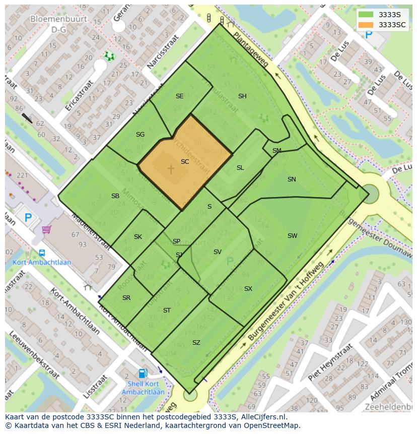 Afbeelding van het postcodegebied 3333 SC op de kaart.