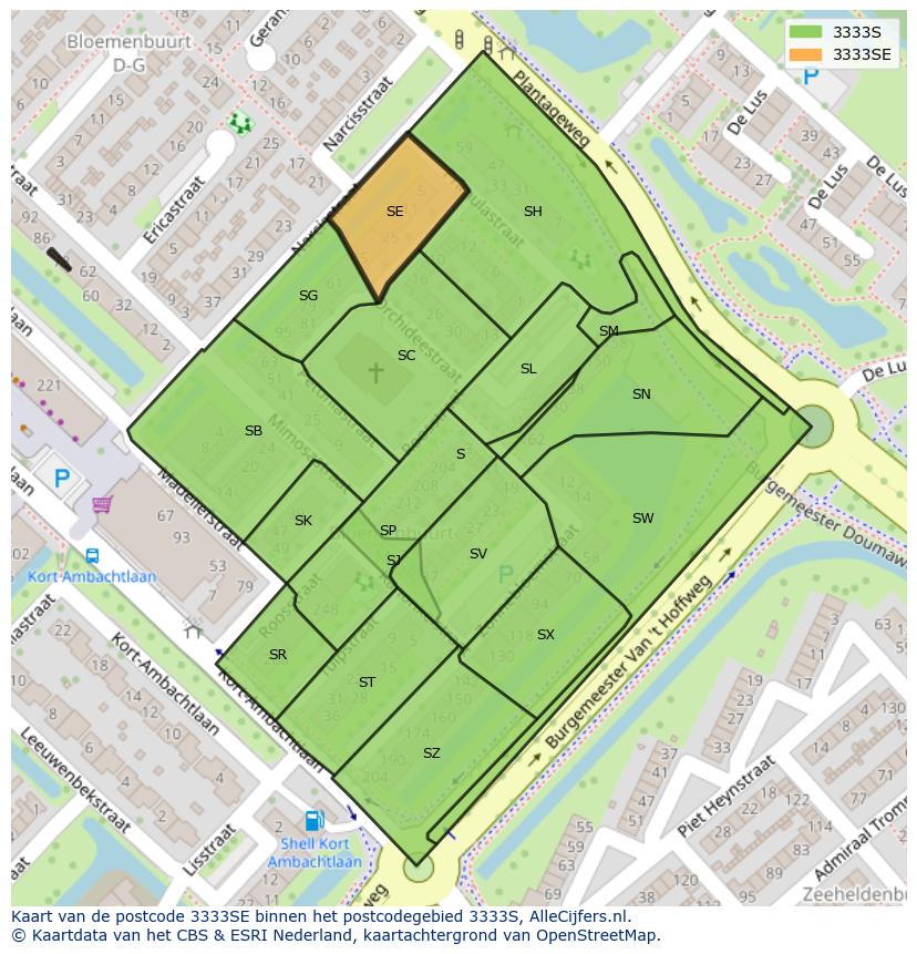 Afbeelding van het postcodegebied 3333 SE op de kaart.