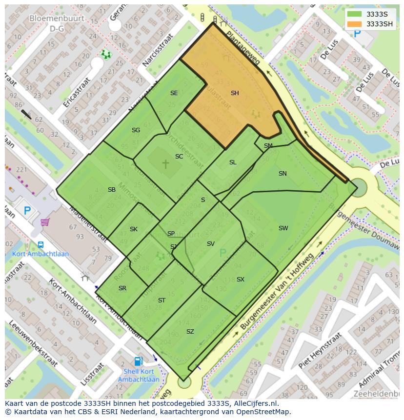 Afbeelding van het postcodegebied 3333 SH op de kaart.