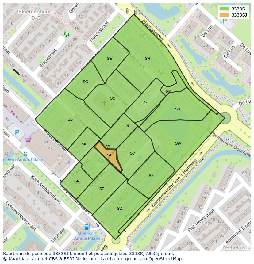 Afbeelding van het postcodegebied 3333 SJ op de kaart.