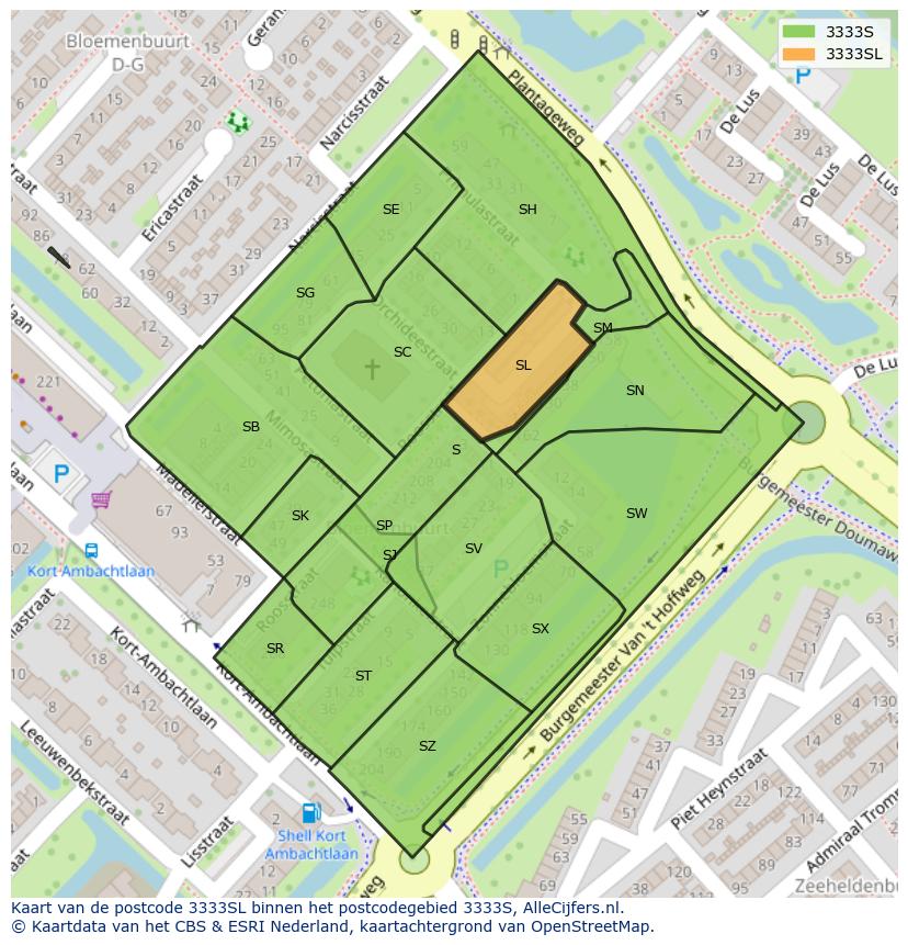 Afbeelding van het postcodegebied 3333 SL op de kaart.