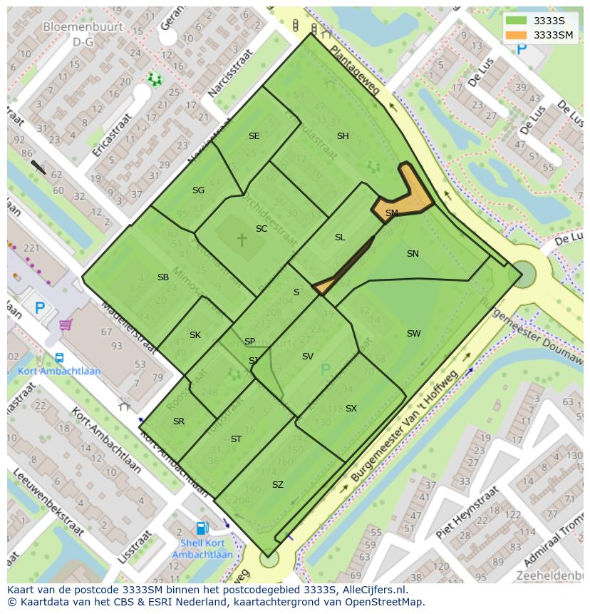 Afbeelding van het postcodegebied 3333 SM op de kaart.