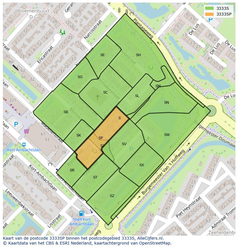 Afbeelding van het postcodegebied 3333 SP op de kaart.