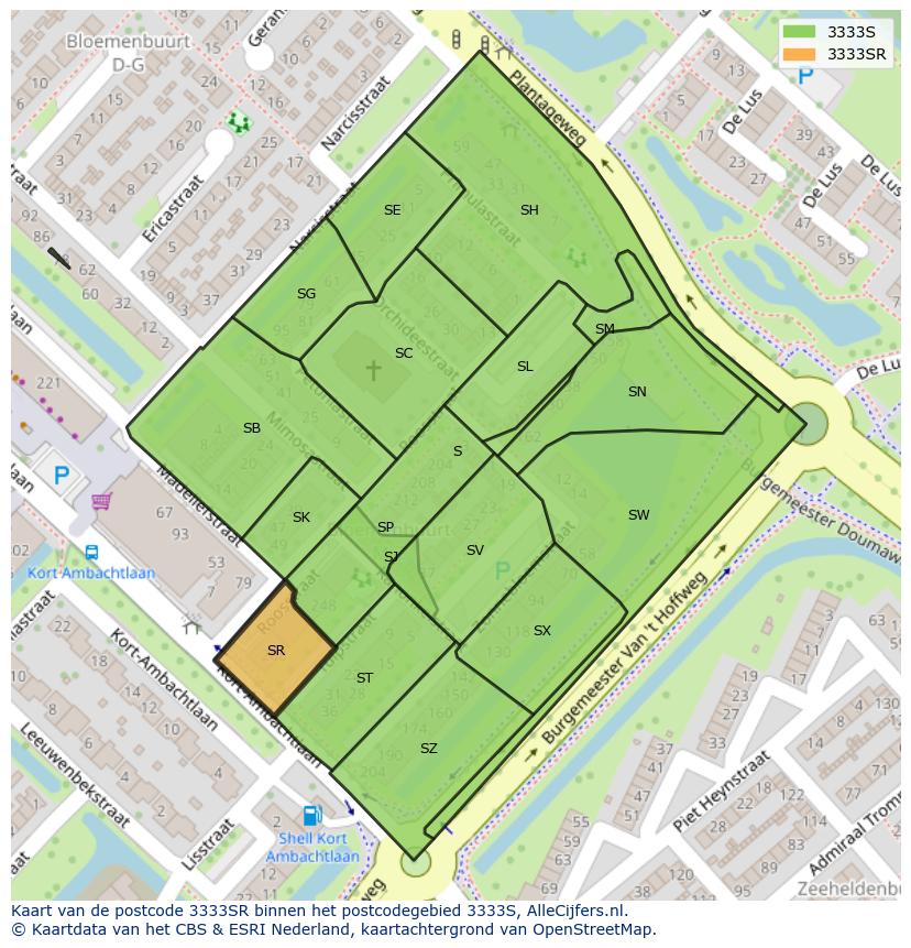 Afbeelding van het postcodegebied 3333 SR op de kaart.