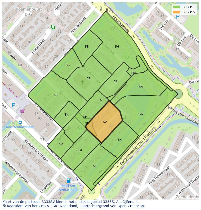 Afbeelding van het postcodegebied 3333 SV op de kaart.