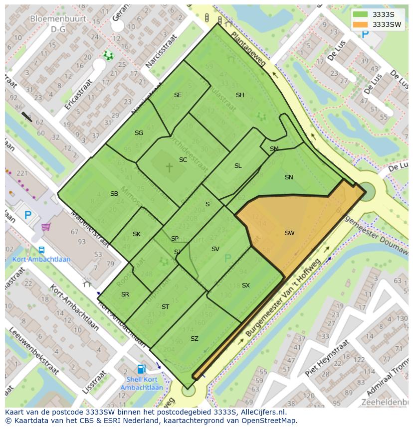 Afbeelding van het postcodegebied 3333 SW op de kaart.