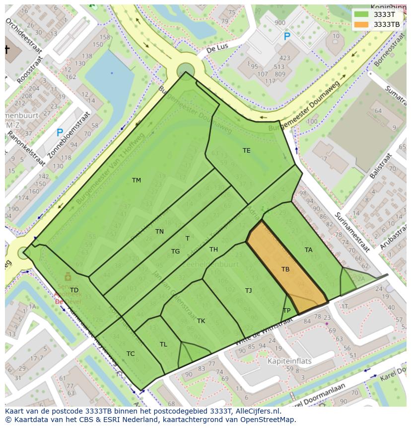 Afbeelding van het postcodegebied 3333 TB op de kaart.