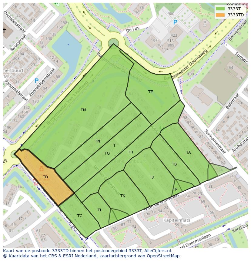 Afbeelding van het postcodegebied 3333 TD op de kaart.