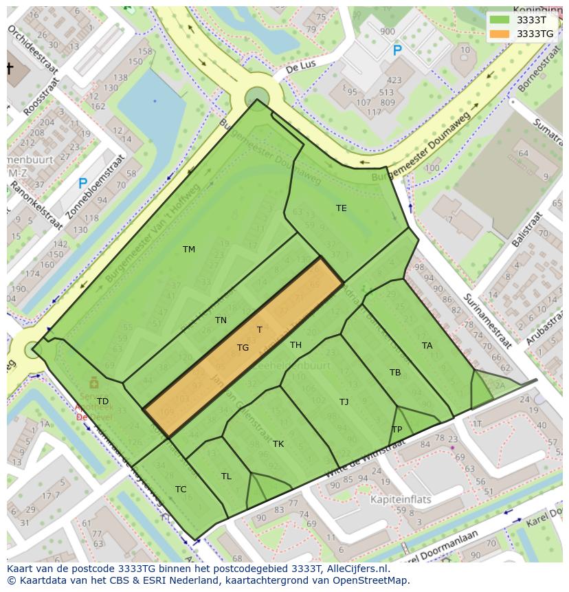 Afbeelding van het postcodegebied 3333 TG op de kaart.