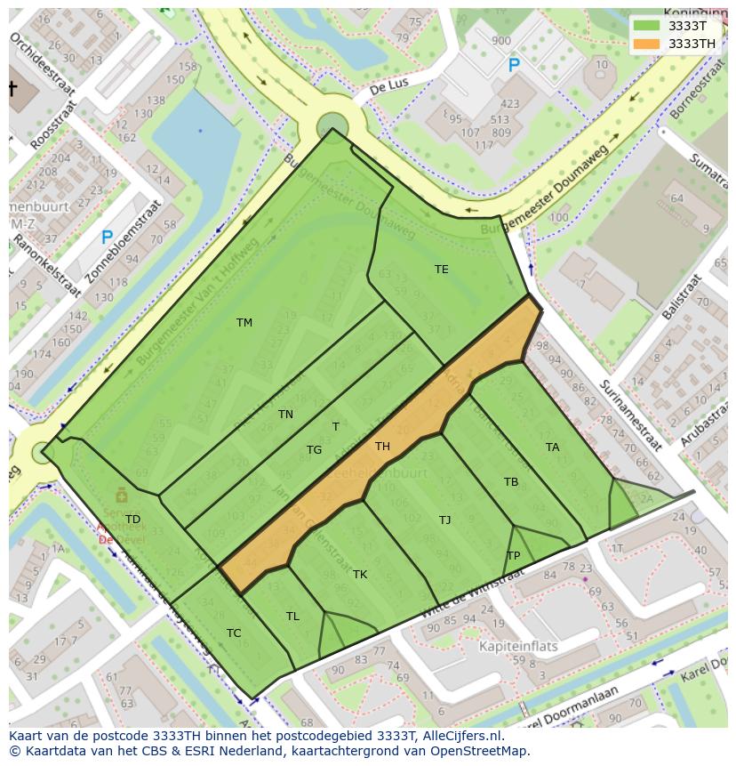 Afbeelding van het postcodegebied 3333 TH op de kaart.