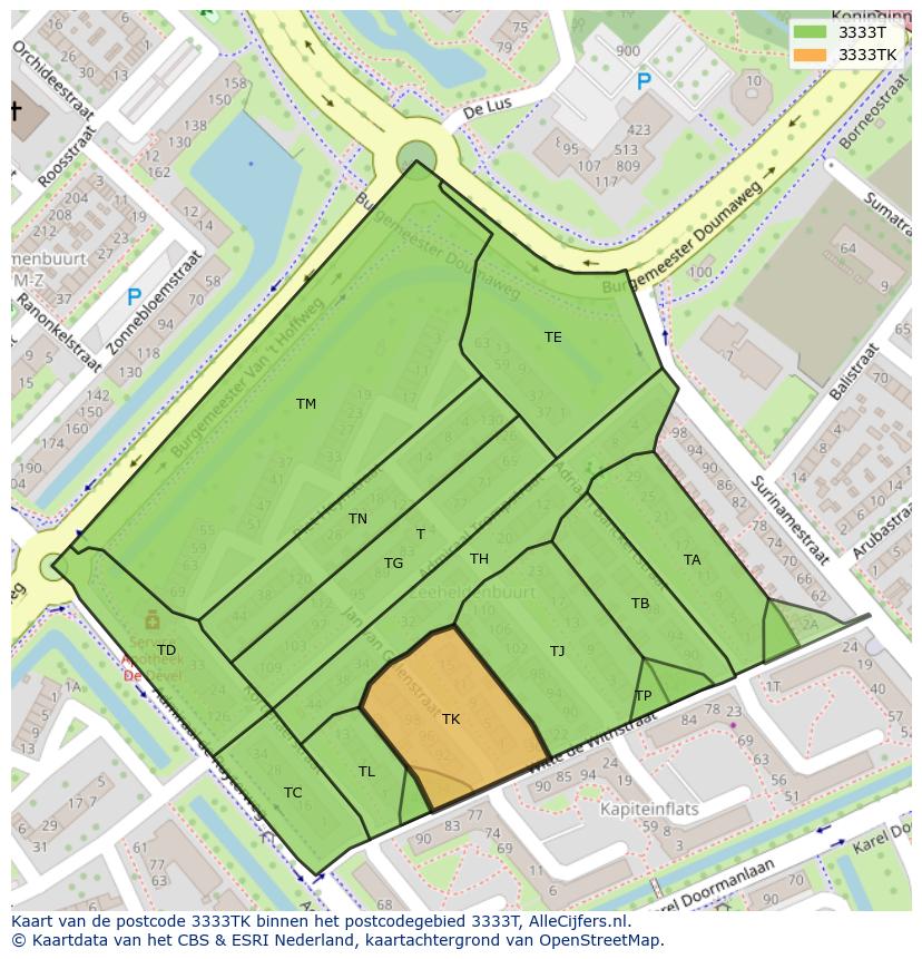 Afbeelding van het postcodegebied 3333 TK op de kaart.