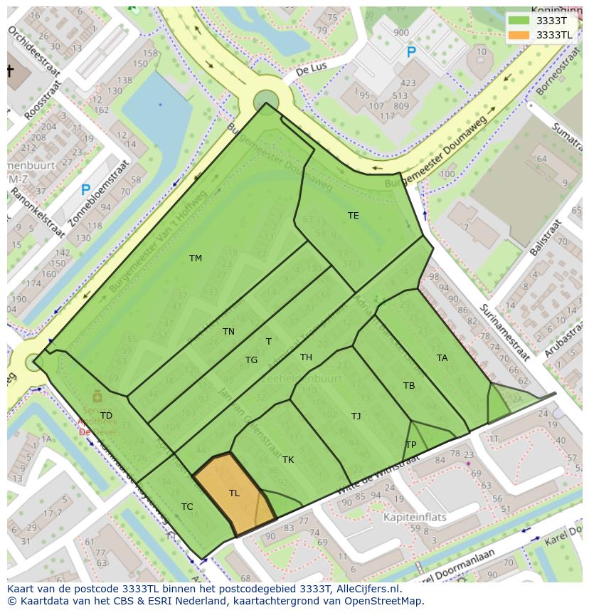 Afbeelding van het postcodegebied 3333 TL op de kaart.