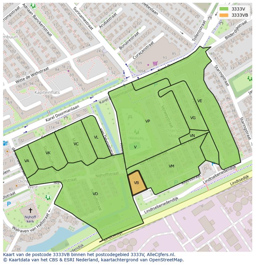 Afbeelding van het postcodegebied 3333 VB op de kaart.