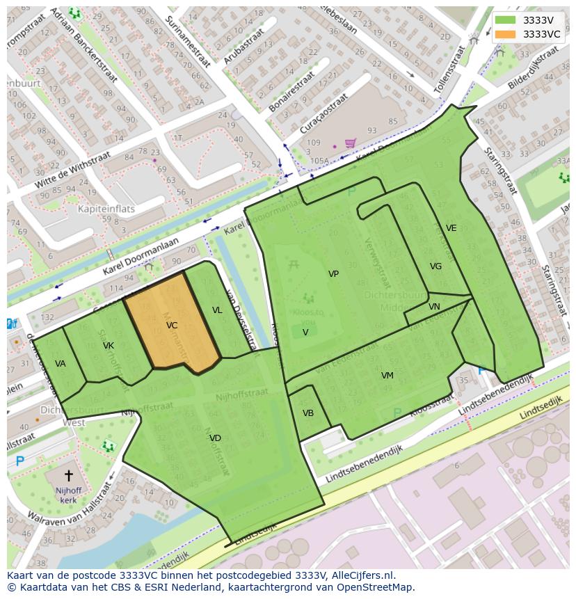 Afbeelding van het postcodegebied 3333 VC op de kaart.
