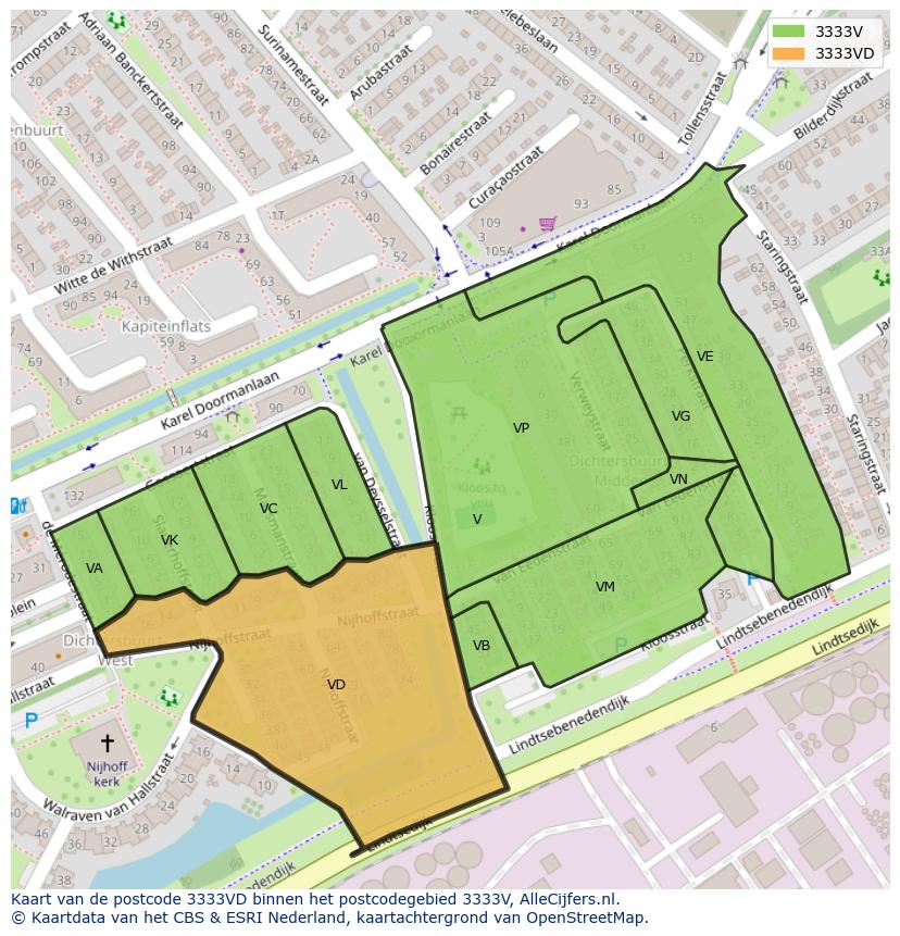 Afbeelding van het postcodegebied 3333 VD op de kaart.