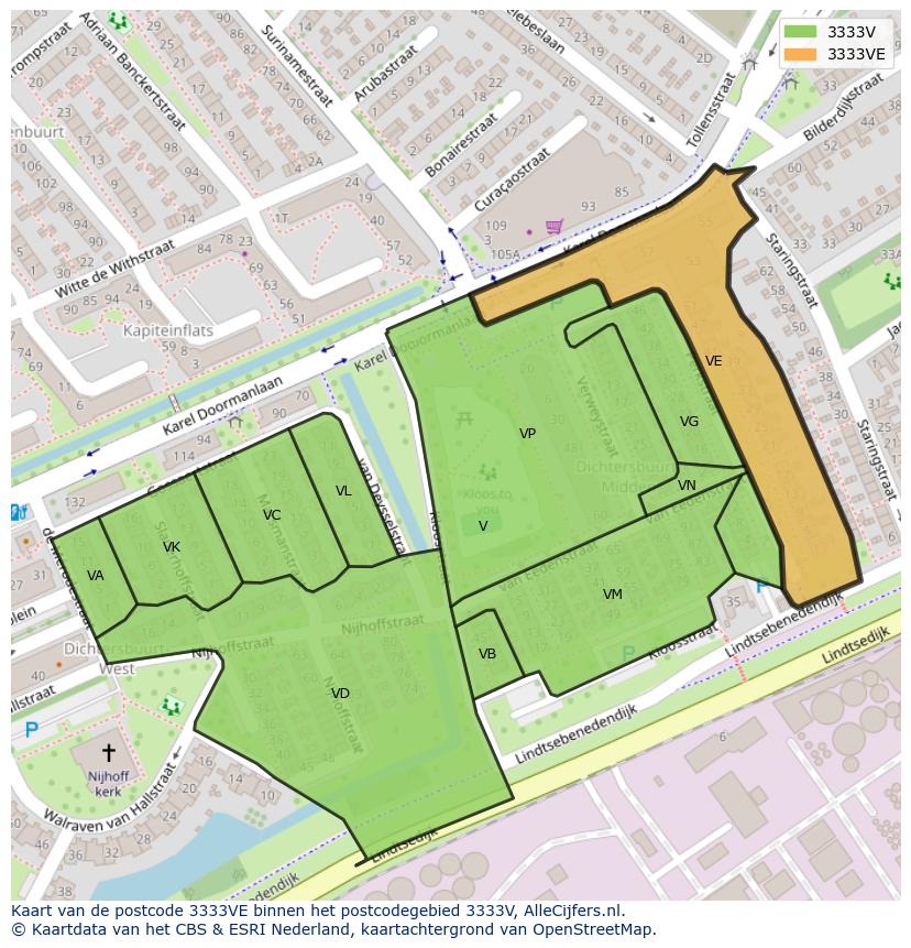 Afbeelding van het postcodegebied 3333 VE op de kaart.