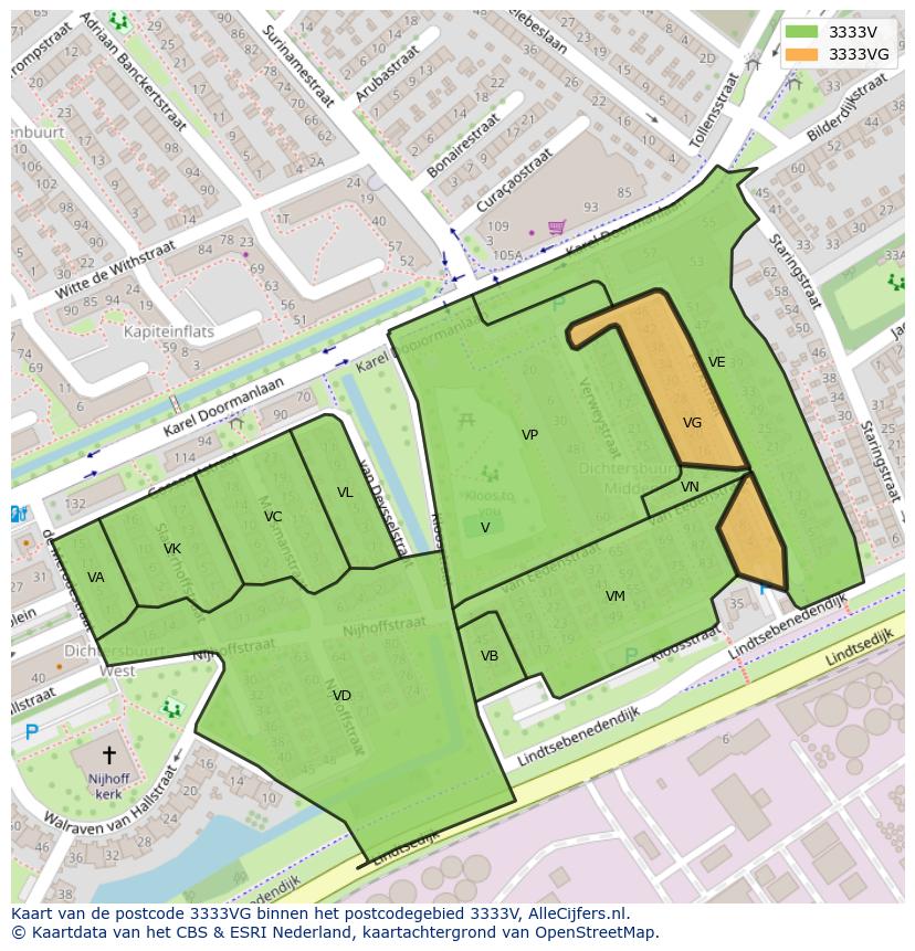 Afbeelding van het postcodegebied 3333 VG op de kaart.