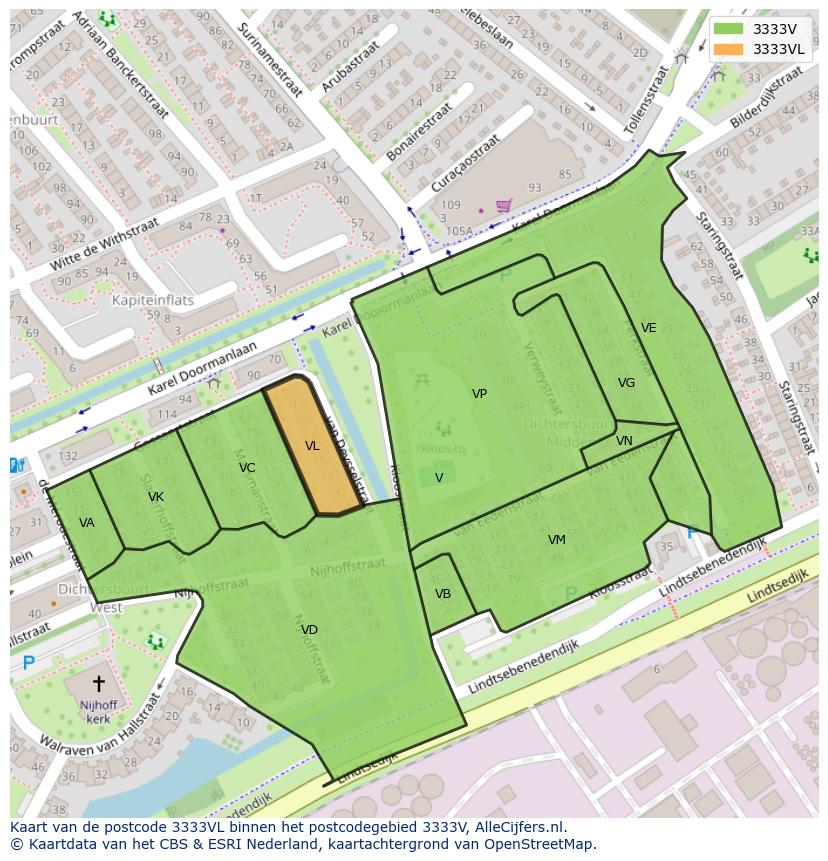 Afbeelding van het postcodegebied 3333 VL op de kaart.