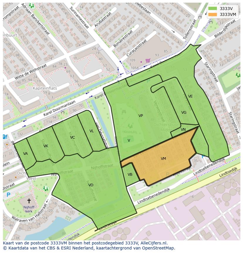 Afbeelding van het postcodegebied 3333 VM op de kaart.