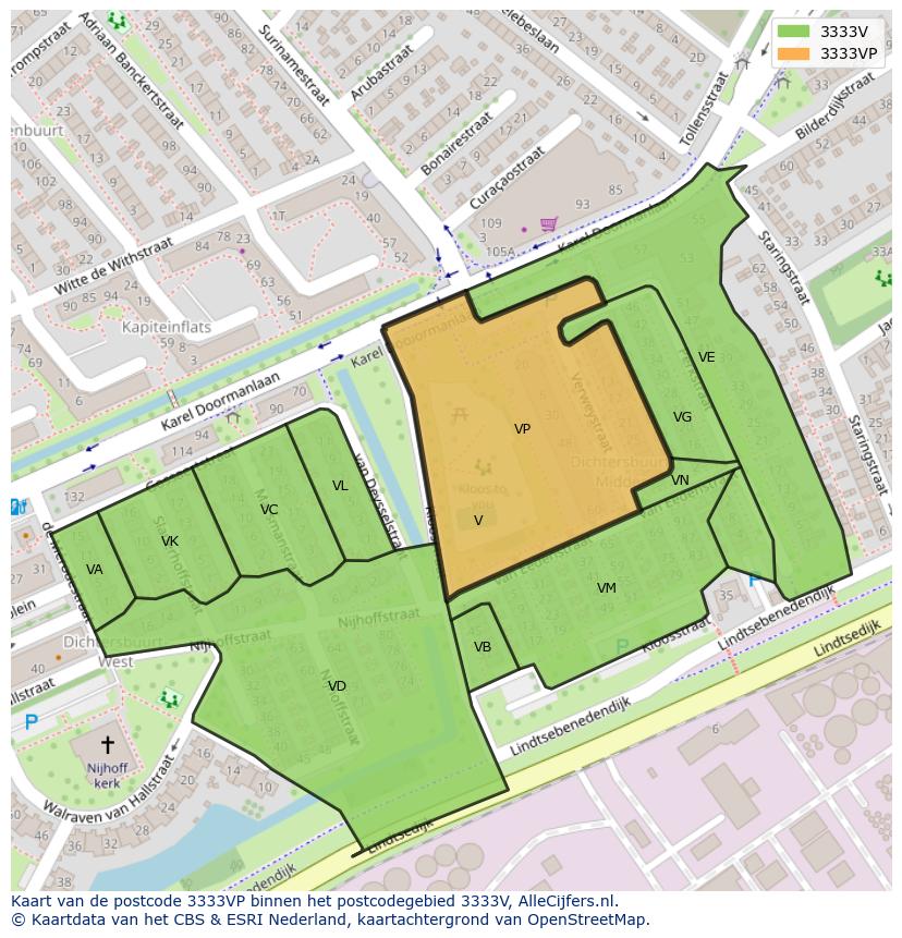 Afbeelding van het postcodegebied 3333 VP op de kaart.