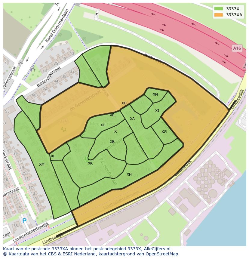 Afbeelding van het postcodegebied 3333 XA op de kaart.