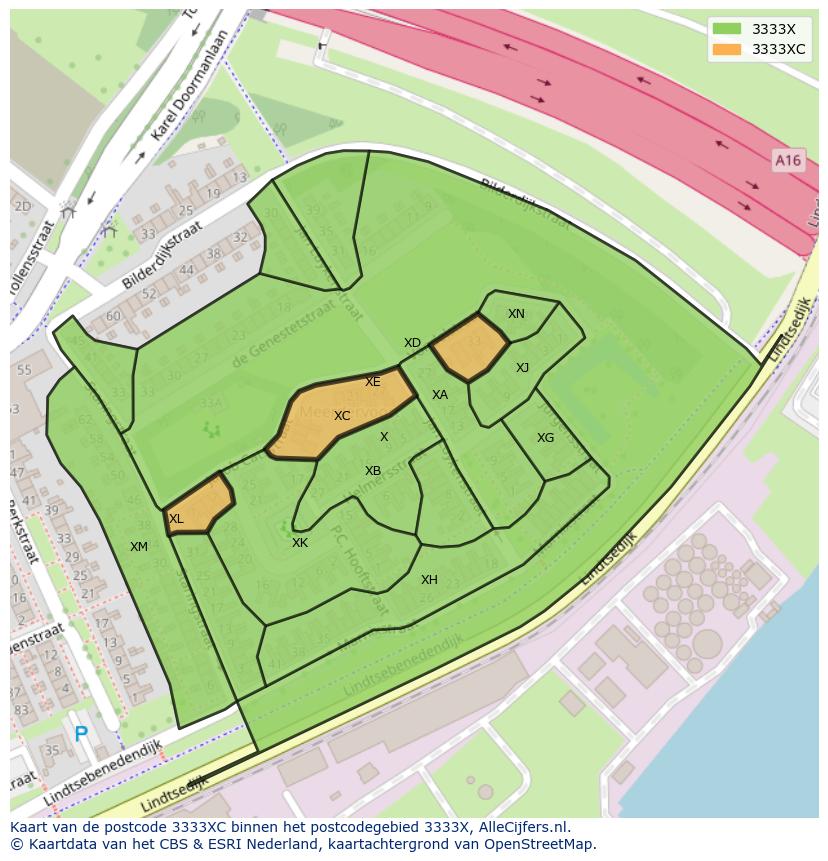 Afbeelding van het postcodegebied 3333 XC op de kaart.