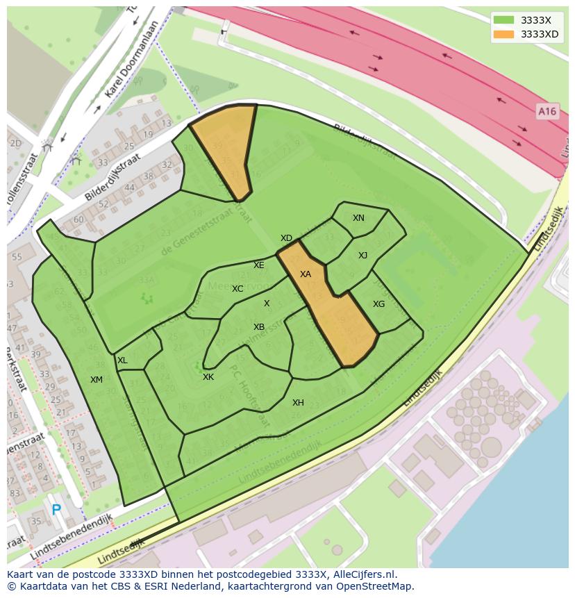 Afbeelding van het postcodegebied 3333 XD op de kaart.