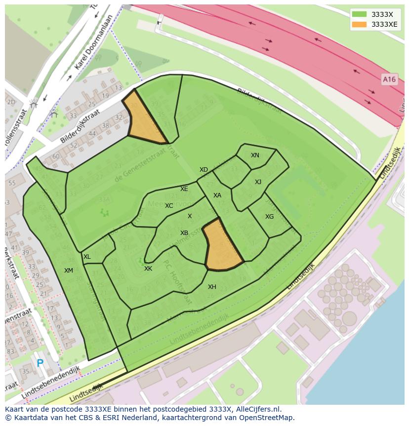 Afbeelding van het postcodegebied 3333 XE op de kaart.