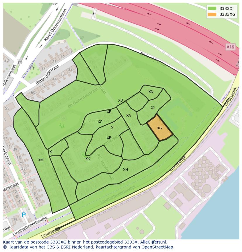 Afbeelding van het postcodegebied 3333 XG op de kaart.