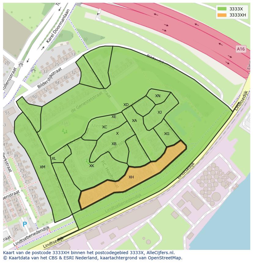 Afbeelding van het postcodegebied 3333 XH op de kaart.