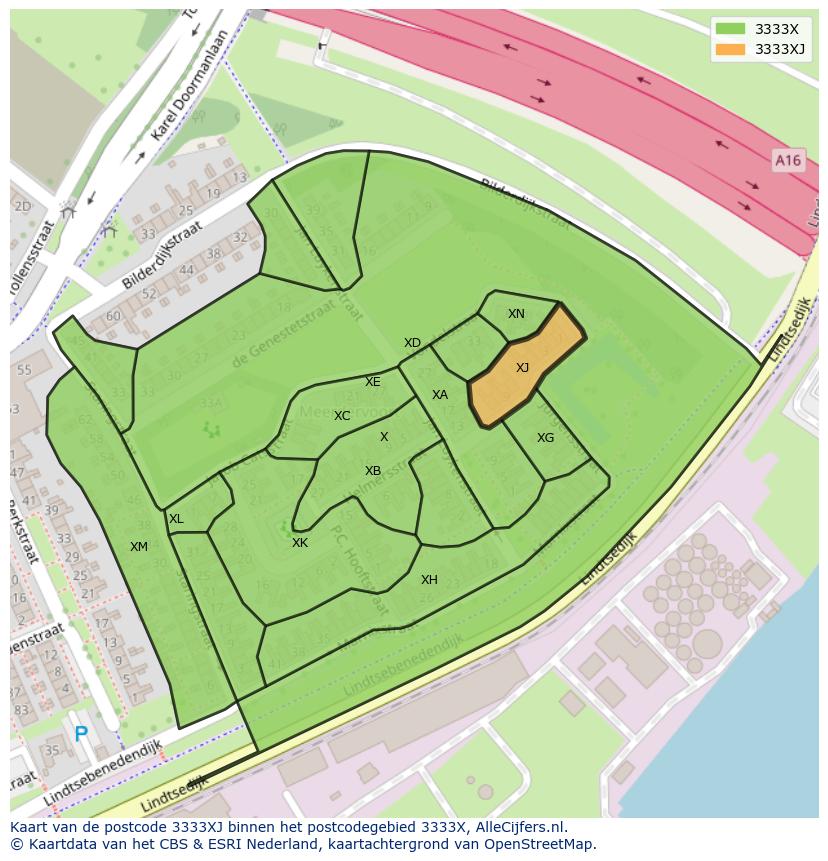 Afbeelding van het postcodegebied 3333 XJ op de kaart.