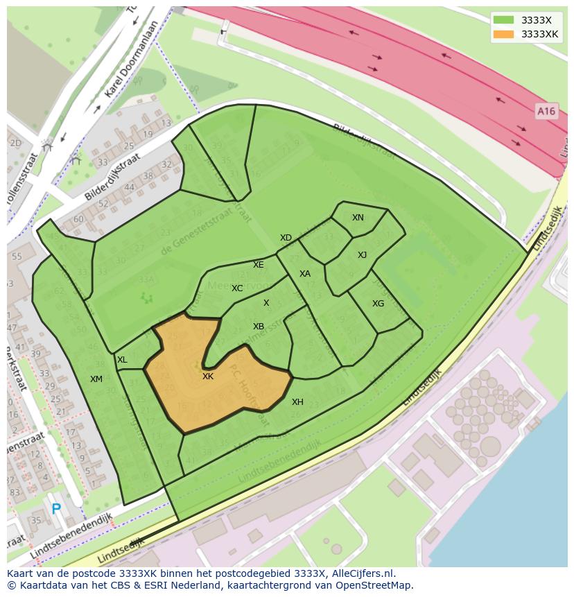 Afbeelding van het postcodegebied 3333 XK op de kaart.