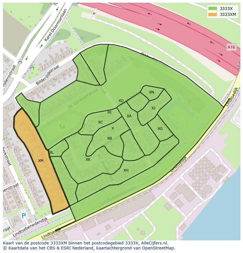 Afbeelding van het postcodegebied 3333 XM op de kaart.