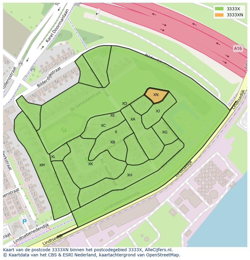 Afbeelding van het postcodegebied 3333 XN op de kaart.