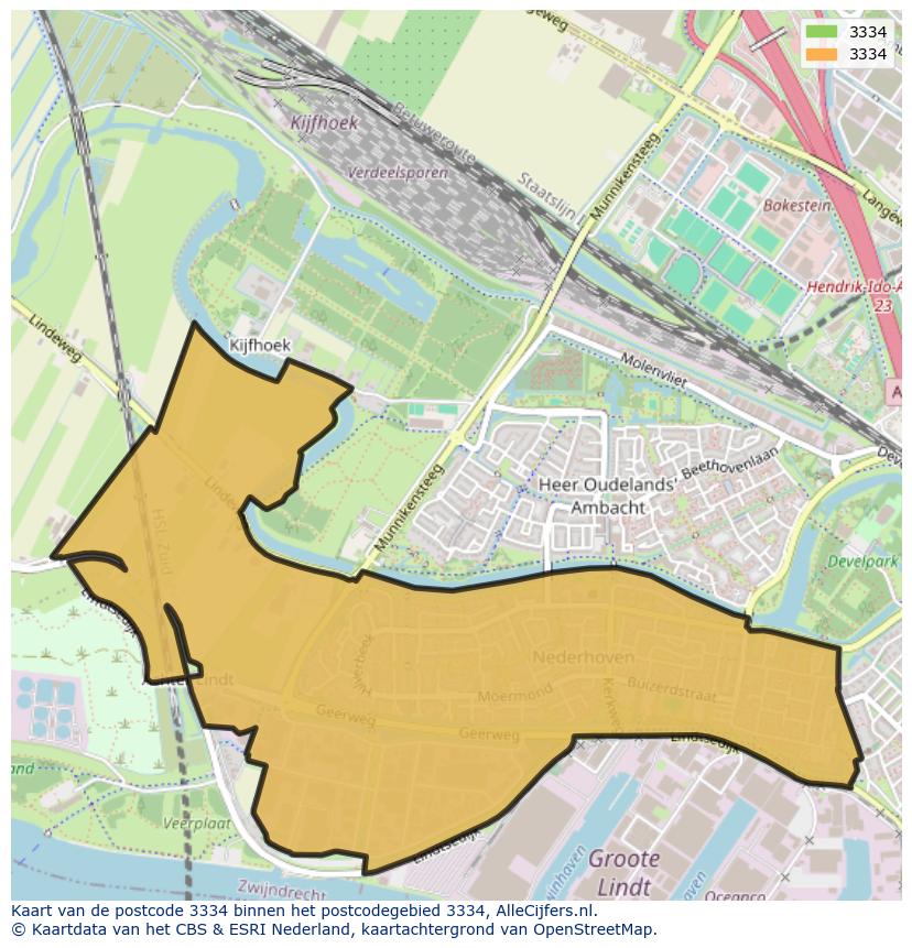 Afbeelding van het postcodegebied 3334 op de kaart.