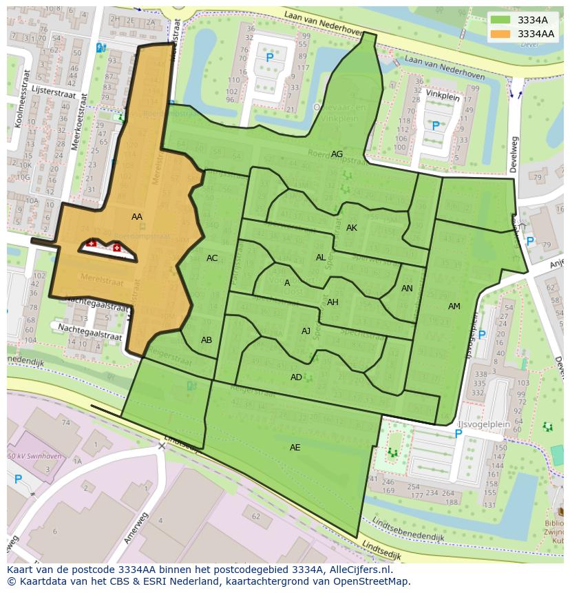 Afbeelding van het postcodegebied 3334 AA op de kaart.