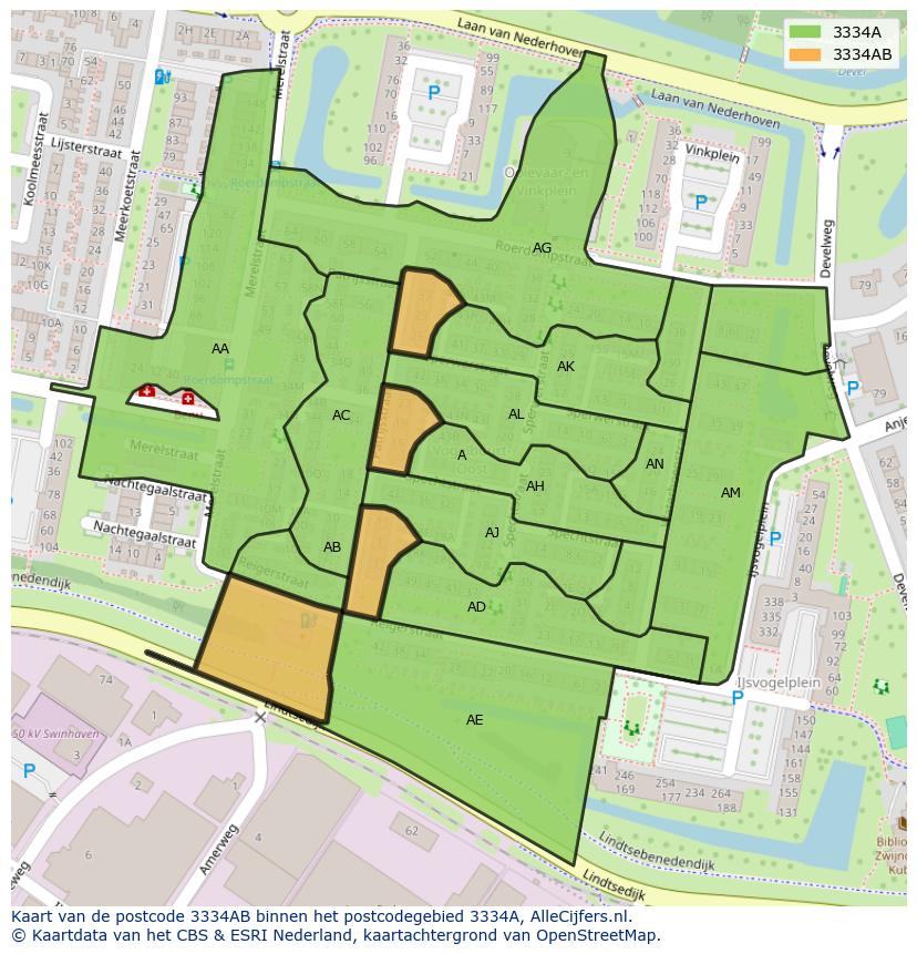 Afbeelding van het postcodegebied 3334 AB op de kaart.