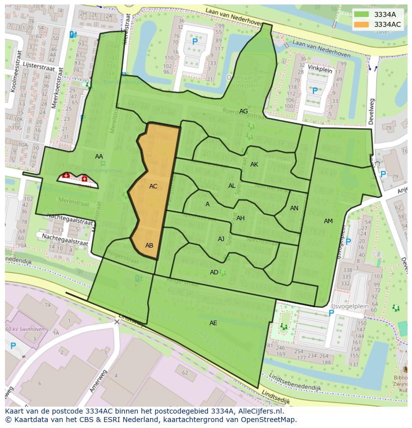 Afbeelding van het postcodegebied 3334 AC op de kaart.
