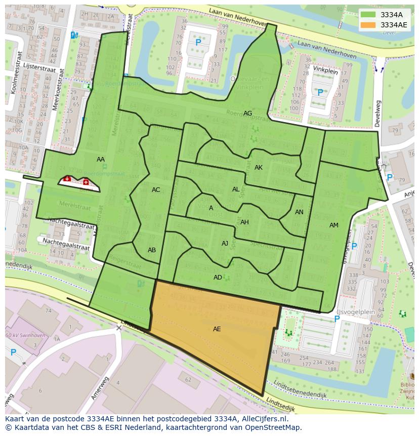 Afbeelding van het postcodegebied 3334 AE op de kaart.