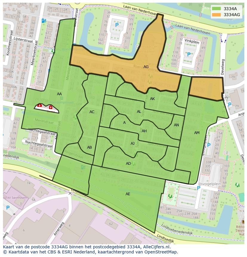 Afbeelding van het postcodegebied 3334 AG op de kaart.