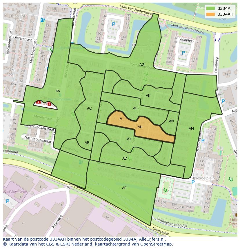 Afbeelding van het postcodegebied 3334 AH op de kaart.