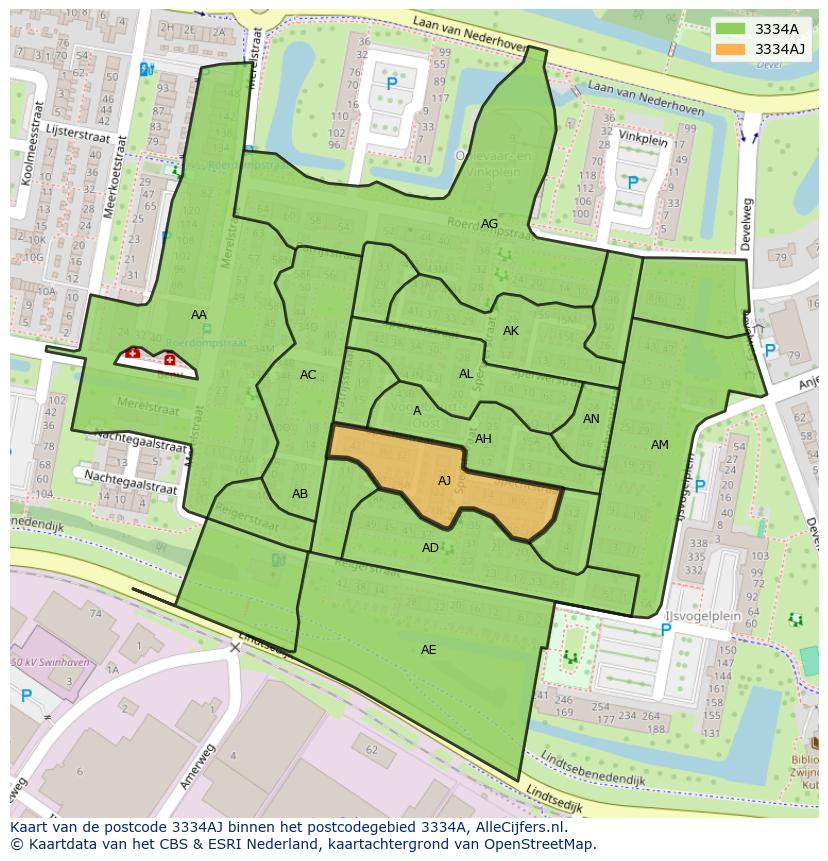 Afbeelding van het postcodegebied 3334 AJ op de kaart.