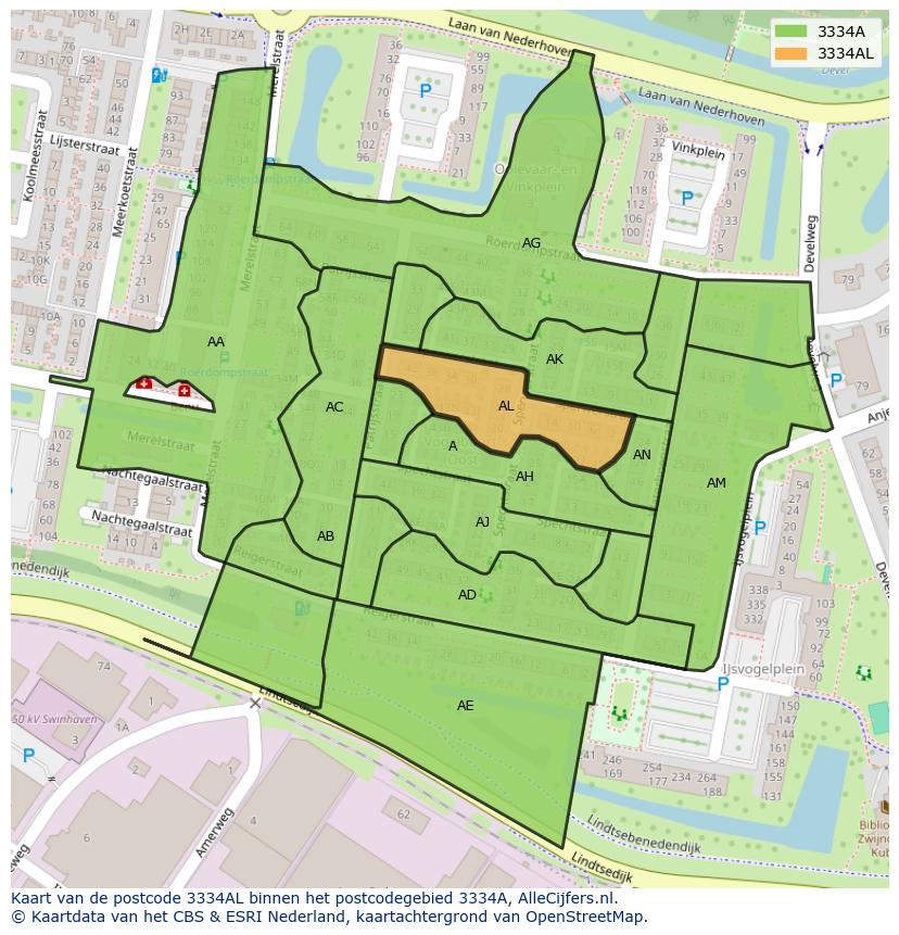 Afbeelding van het postcodegebied 3334 AL op de kaart.