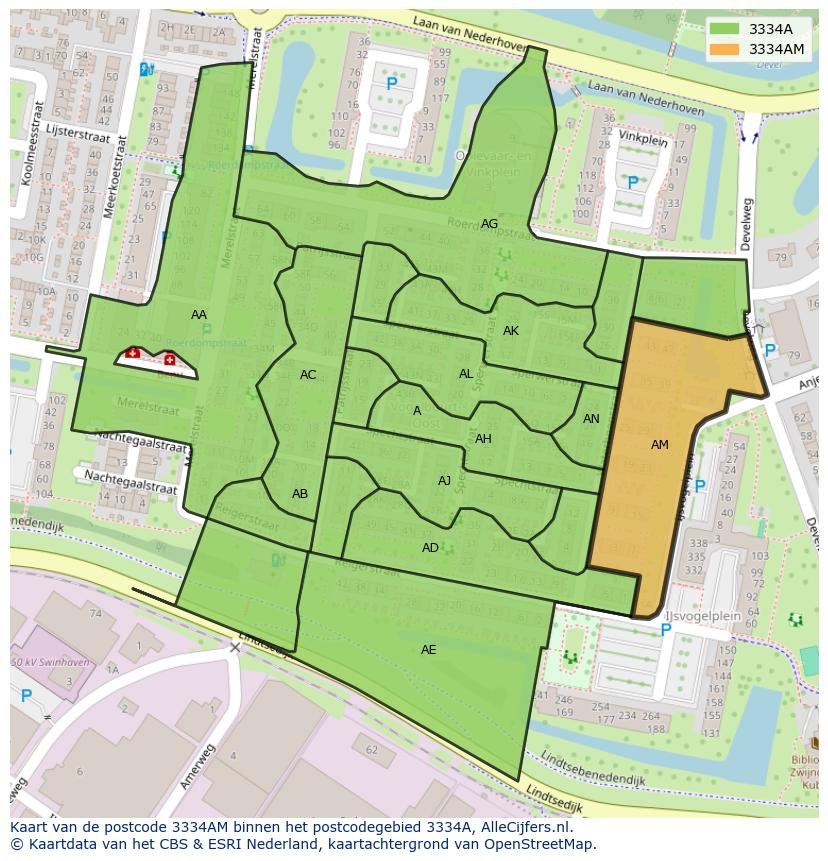 Afbeelding van het postcodegebied 3334 AM op de kaart.