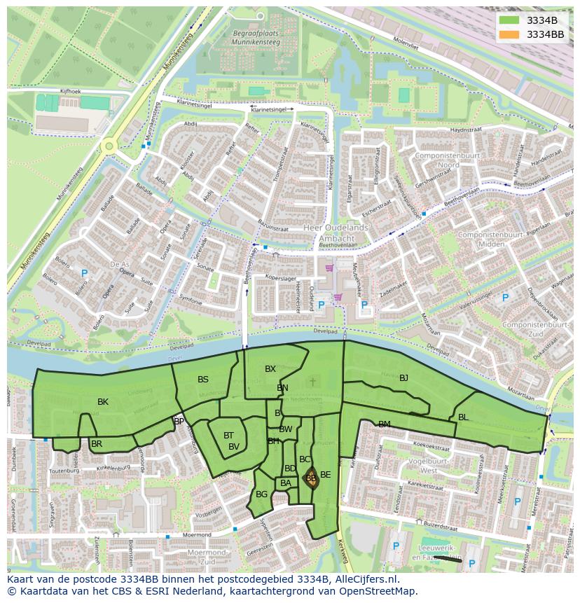 Afbeelding van het postcodegebied 3334 BB op de kaart.